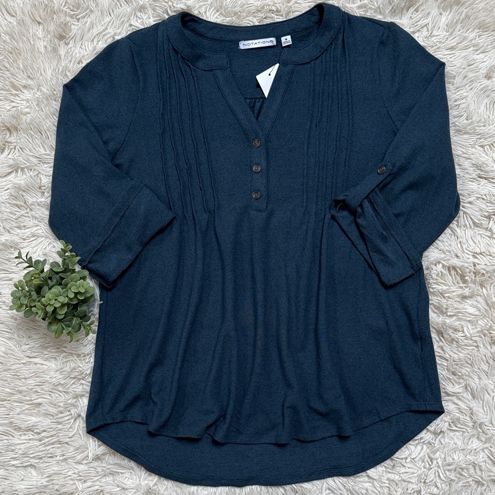🎉HP🎉 Notations 3/4 Tab Sleeve Top with Pleated Detail 💗 Teal - Picture 3 of 16